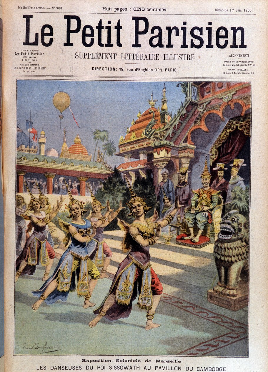 راقصو الملك سيسوفاث في جناح كمبوديا ، معرض مرسيليا الاستعماري - في “Le Petite Parisien” من 17/06/1906. بواسطة المدرسة الفرنسية