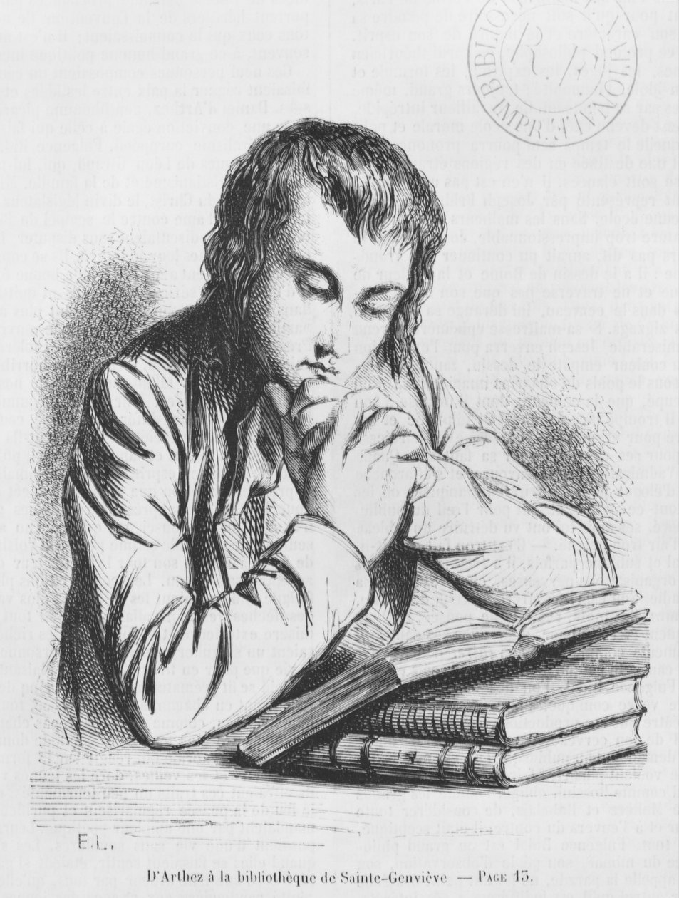 دانيال دارثيز في مكتبة سانت جينيفيف ، رسم توضيحي من "Les Illusions perdues" بقلم هونور دي بالزاك بواسطة المدرسة الفرنسية