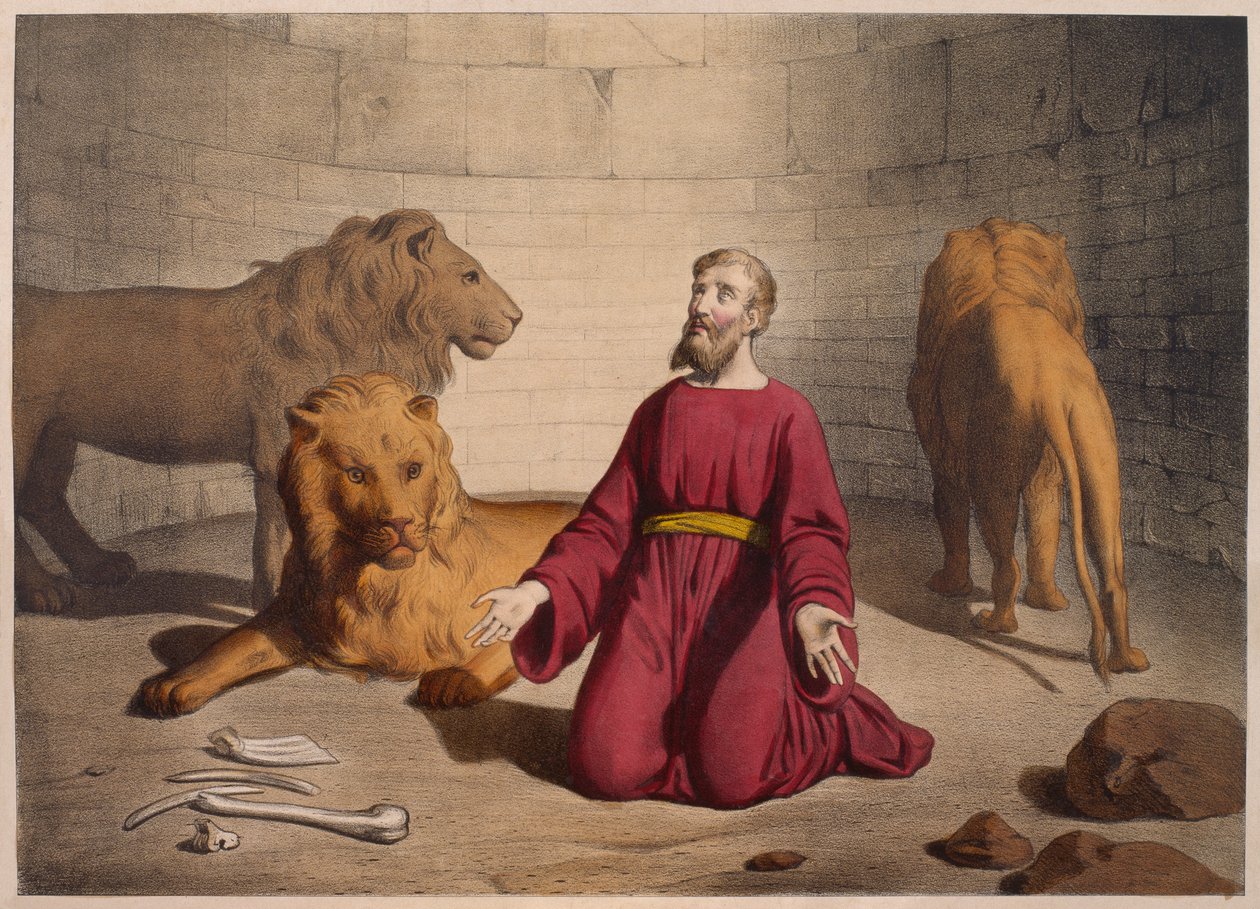 دانيال في عرين الأسود ، توضيح من التعليم المسيحي Listoire Sainte ، نشره Charles Delagrave ، باريس ، أواخر القرن التاسع عشر بواسطة المدرسة الفرنسية