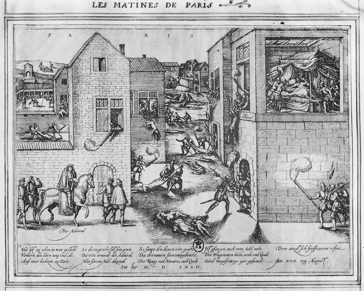وفاة الأدميرال غاسبارد الثاني دي كوليجني (1519-1572) في وقت مذبحة سانت بارثولوميو عام 1572 (انظر 187818 للون) بواسطة المدرسة الفرنسية