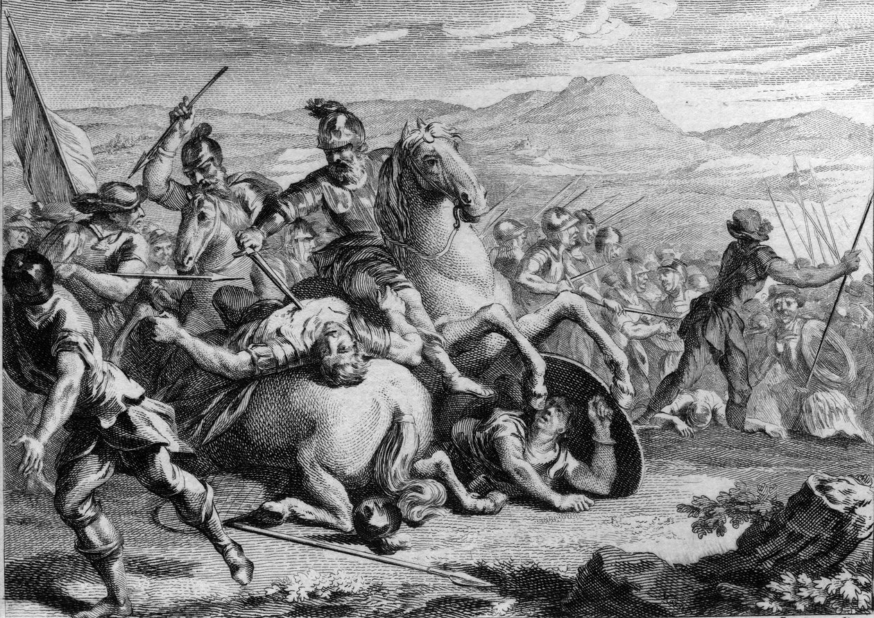 وفاة ألاريك الثاني ، 507: كلوفيس الأول (465-511) ، ملك الفرنجة ، قتل ألاريك الثاني (484-507) ، ملك القوط الغربيين ، في معركة فويي عام 507. نقش القرن الثامن عشر. بواسطة المدرسة الفرنسية