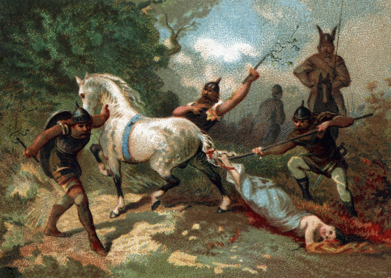 موت برونهاوت (أو برونهيلد) (مرتبط بذيل حصان لا يقهر) أمر به كلوتاير الثاني (613). الطباعة الحجرية الملونة أواخر القرن التاسع عشر. بواسطة المدرسة الفرنسية