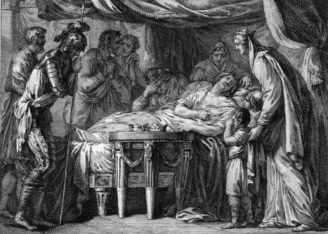 وفاة تشيلديبرت الثاني (570-596) ملك نيوستريا وأورليانز وبورجوندي نتيجة تسمم. 596. نقش القرن الثامن عشر. بواسطة المدرسة الفرنسية