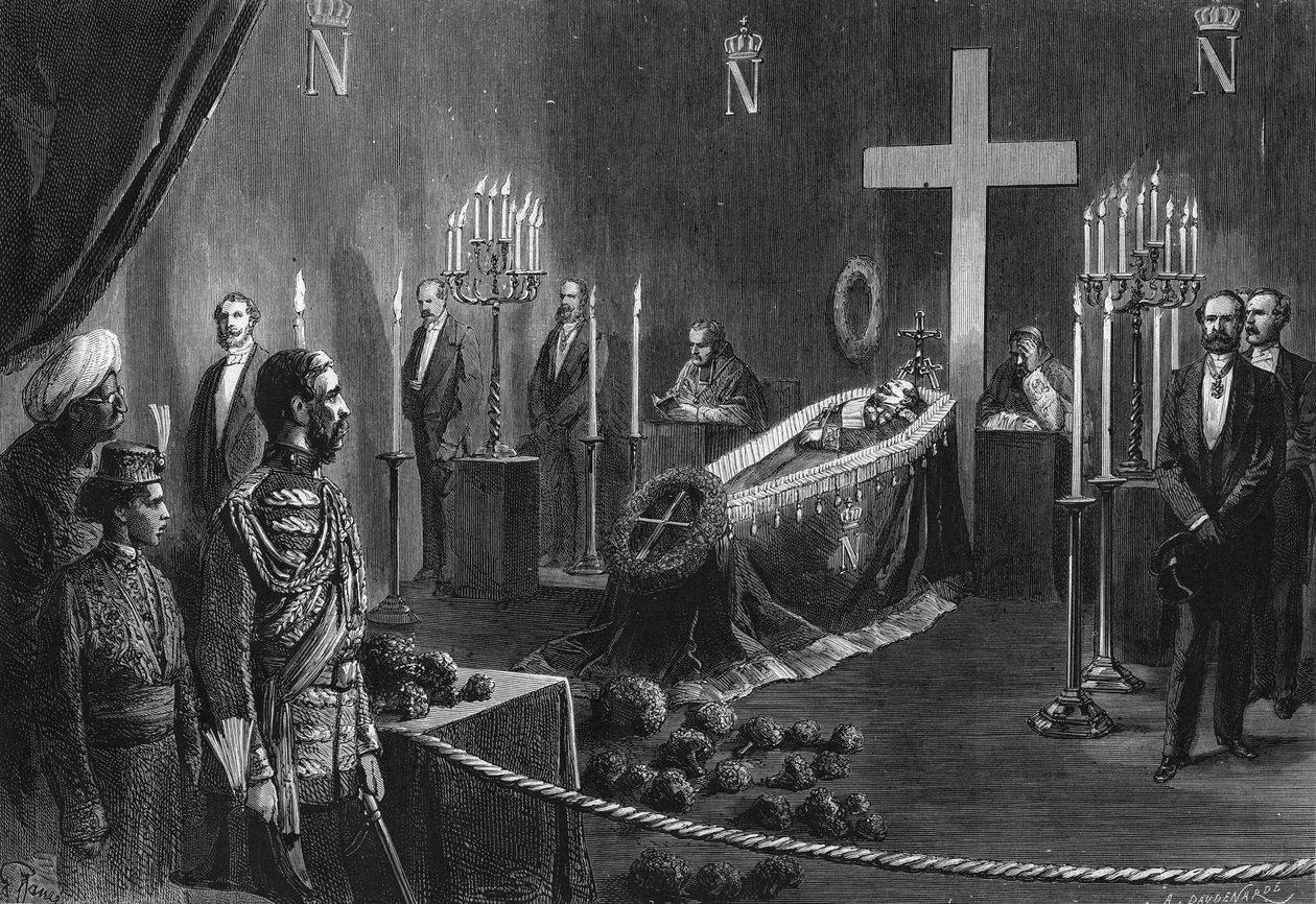 وفاة نابليون الثالث: رفات نابليون الثالث في الكنيسة المحترقة بمنزل كامبدن في 14 فبراير 1873. بواسطة المدرسة الفرنسية