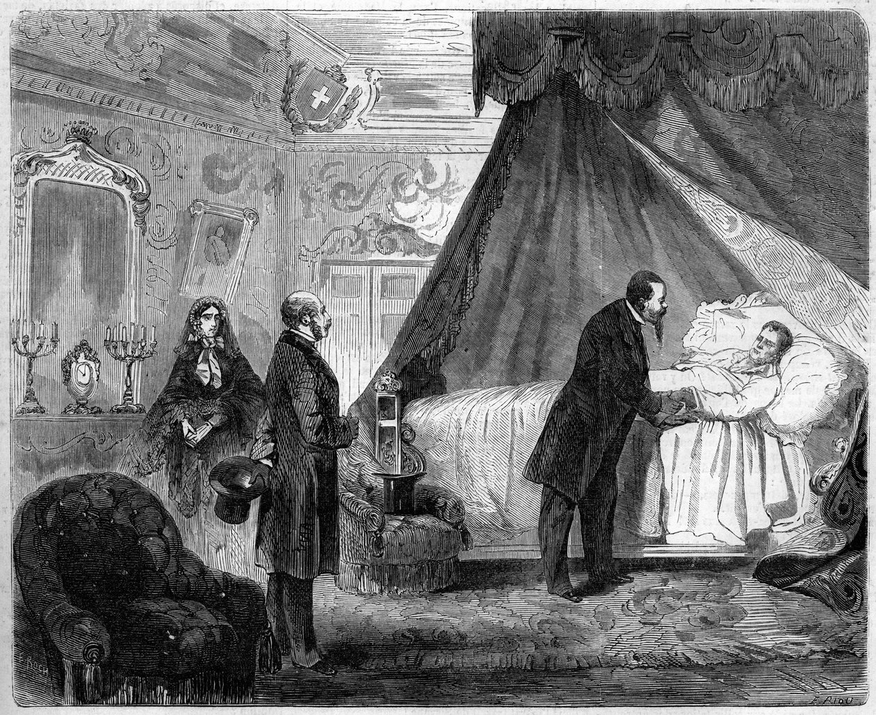 موت الكونت كافور ، 6 يونيو 1861: قام ملك إيطاليا فيكتور عمانويل الثاني (فيكتور إيمانويل) (فيتوريو إيمانويل) (1820-1878) بزيارة كاميلو بينسو ، كونت كافور (1810-1861) ، في اليوم السابق لوفاته. نقش في "" Le Monde Illustré "" رقم 218 بتاريخ 15 Jun بواسطة المدرسة الفرنسية