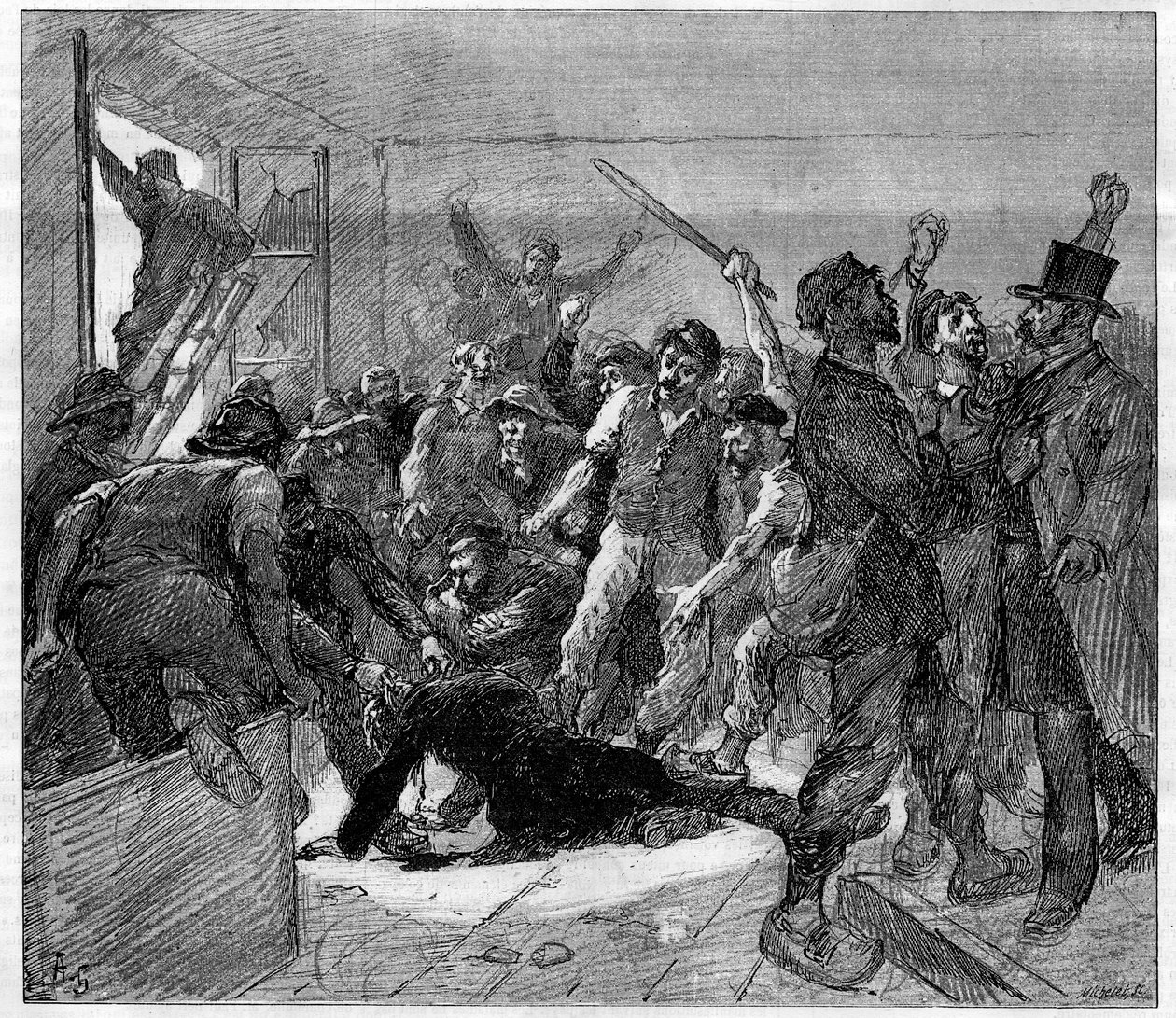 إضراب عمال مناجم Decazeville (Aveyron) في عام 1886: قُتل المهندس Watrin على يد Grevists. نقش في "" Le Monde Illustré "" ، ٦ فبراير ١٨٨٦. بواسطة المدرسة الفرنسية