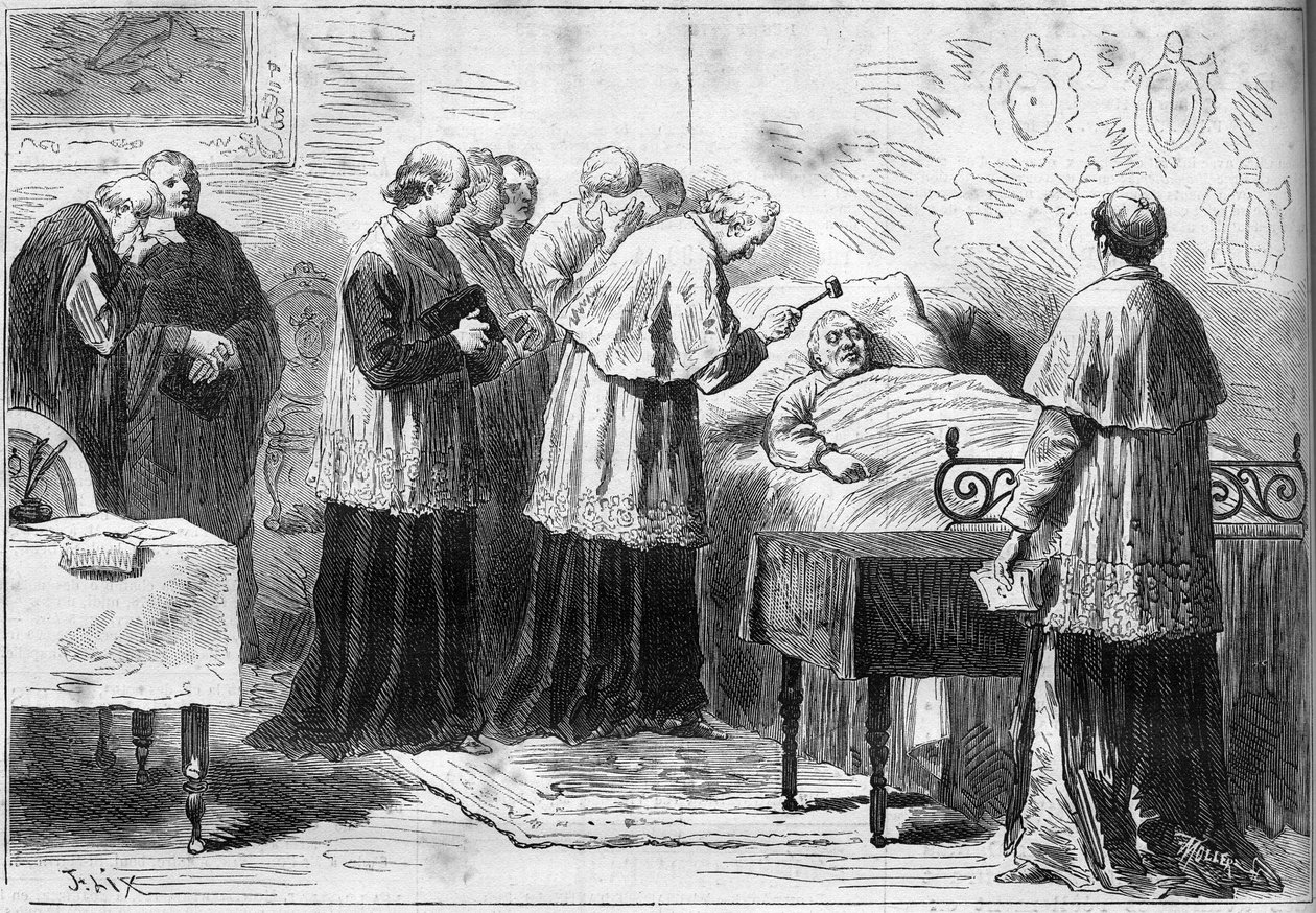 Deces of Pius IX (Pio) (1792-1878): طقوس الاعتراف بوفاة البابا. كاردينال يضرب جبين المتوفى بمطرقة فضية. نقش في "" Le Monde Illustré "" رقم 1089 بتاريخ 16 فبراير 1878. بواسطة المدرسة الفرنسية
