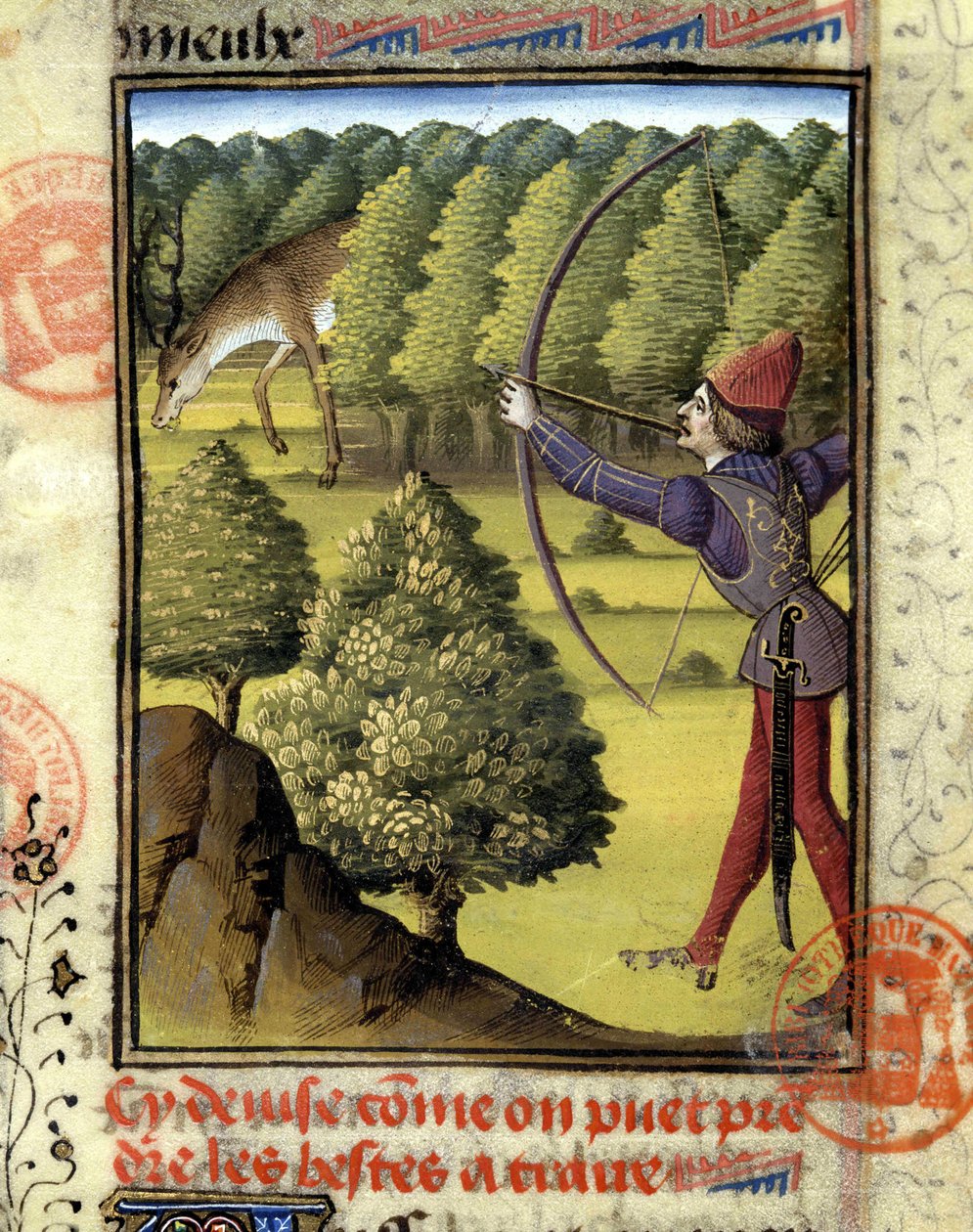 Deer hunting - in “” Hunting book of Gaston Phoebus, Count of Foix, Lord of Béarn”” بواسطة المدرسة الفرنسية