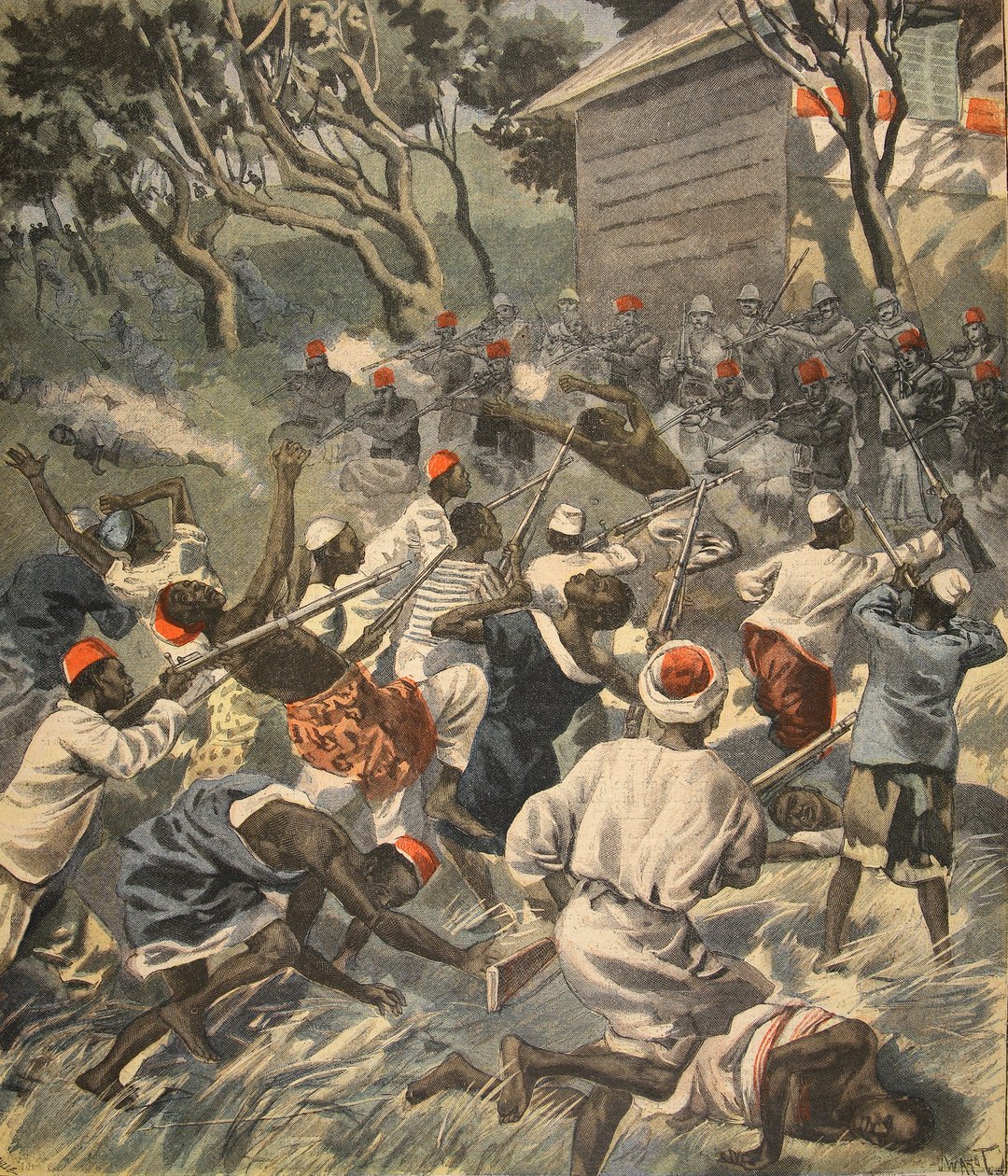 هزيمة شعب ساكالافا ، مدغشقر ، رسم توضيحي من Le Petit Journal: Supplement illustre ، 3 أبريل 1898 بواسطة المدرسة الفرنسية