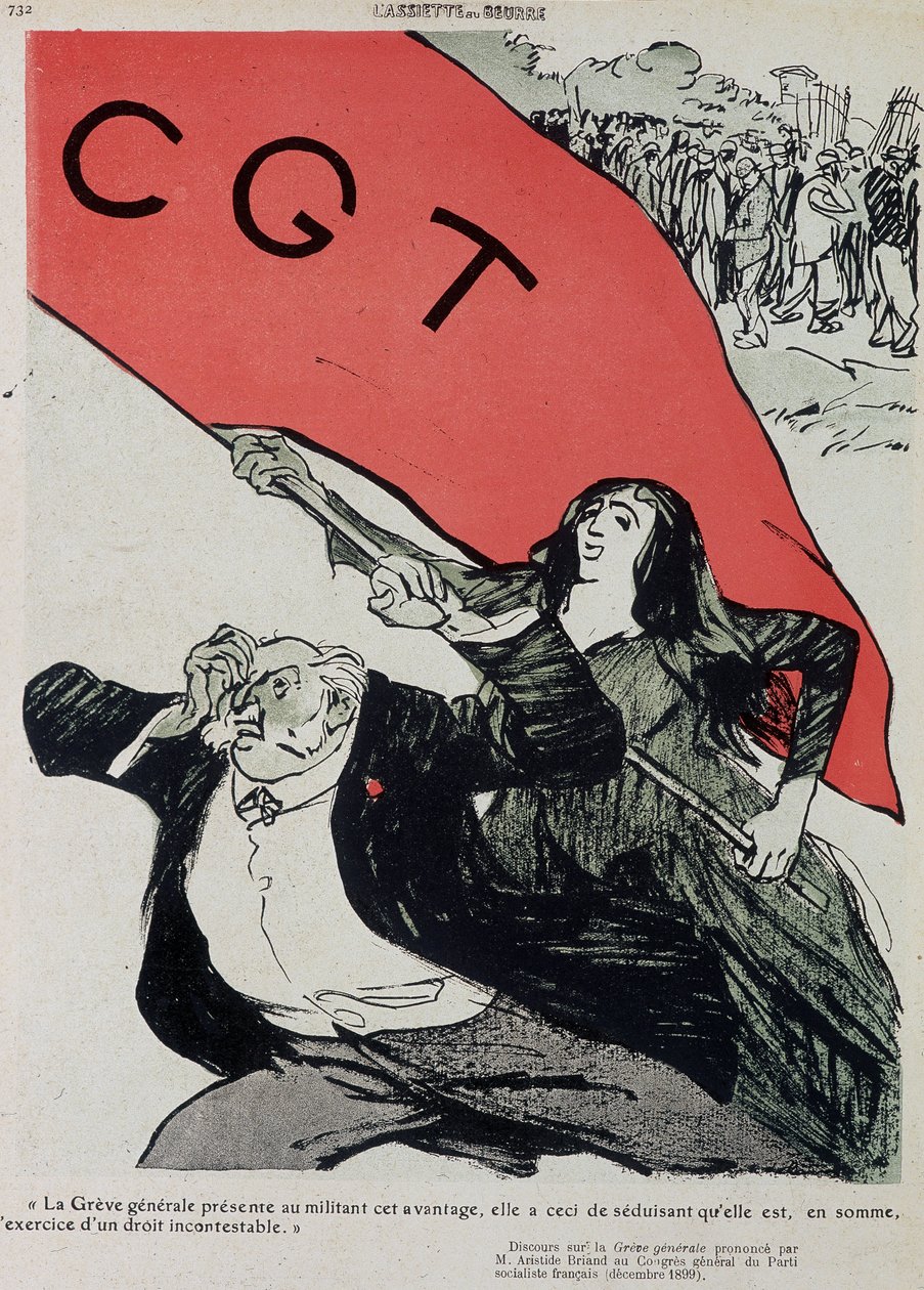 مظاهرة وعلم CGT - في "" L'Assiette au Butter "بتاريخ 06/02/1909 بواسطة المدرسة الفرنسية