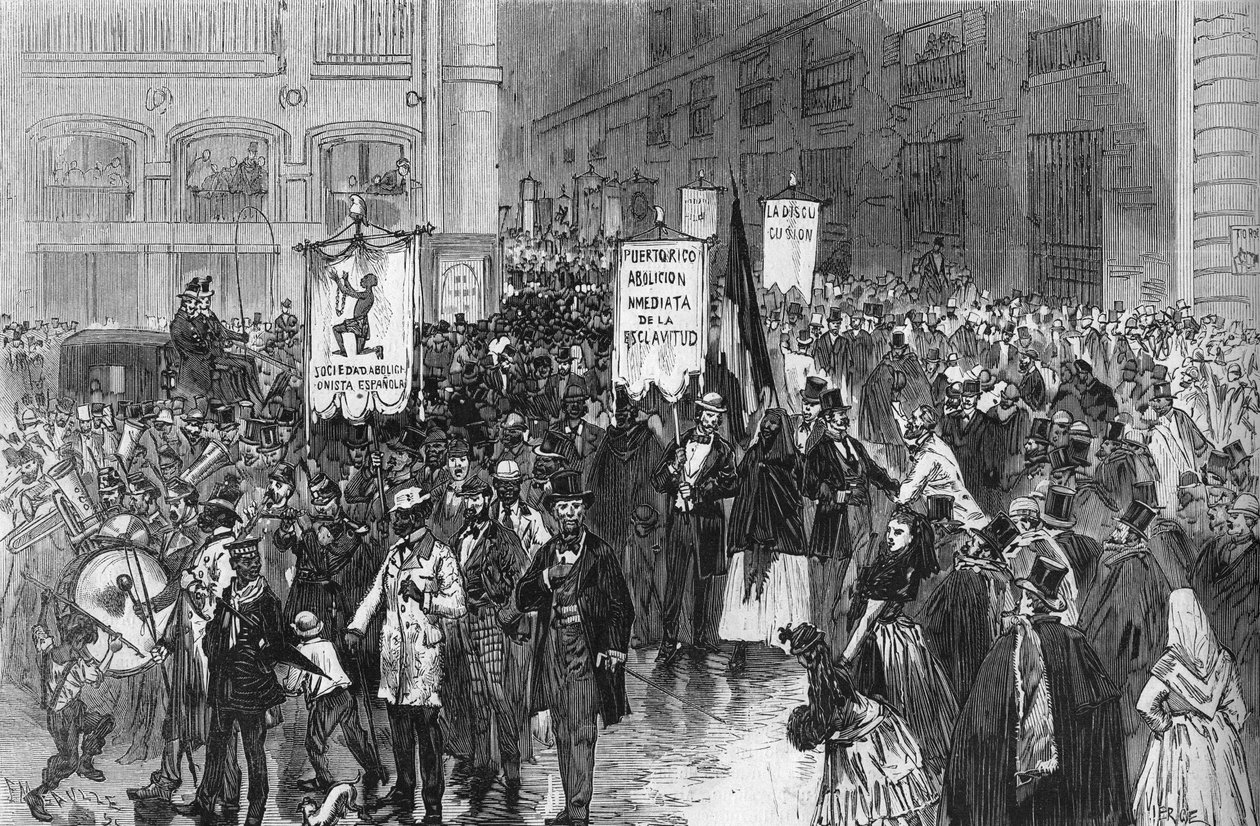 مظاهرة في مدريد عام 1873 لإلغاء الرق في المستعمرات الإسبانية. بواسطة المدرسة الفرنسية