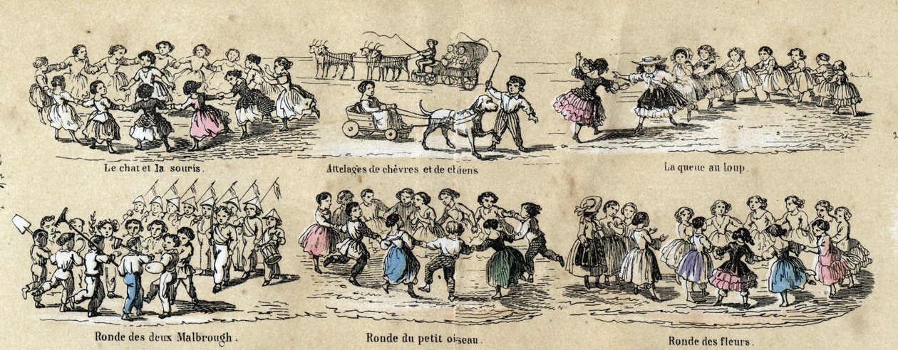 وصف أوقات الفراغ والألعاب للأطفال: الجولات. لوحة "" les jeux de l'enfance "في" "تعليمات les Recreations" "لوحة Synoptique بواسطة Jules DELBRUCK ، نقش من عام 1860. مجموعة خاصة. بواسطة المدرسة الفرنسية