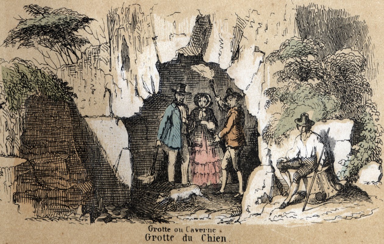 وصف الأنواع المختلفة للمناظر الطبيعية والنقوش اعتمادًا على الجغرافيا: التفاصيل التي تمثل الزوار في كهف الكلاب. لوحة "" الجغرافيا الفيزيائية "في" "تعليمات الترفيه" "لوحة إجمالية لجول ديلبروك ، نقش من 18 بواسطة المدرسة الفرنسية