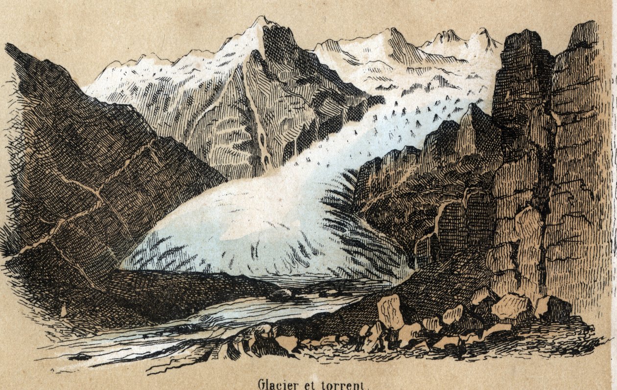 وصف الأنواع المختلفة للمناظر الطبيعية والنقوش اعتمادًا على الجغرافيا: تفاصيل تصور نهرًا جليديًا (أو بحرًا من الجليد) في سلسلة جبال. لوحة "" الجغرافيا الفيزيائية "في" "تعليمات الترفيه" "لوحة إجمالية لجول ديلبروك ، بواسطة المدرسة الفرنسية