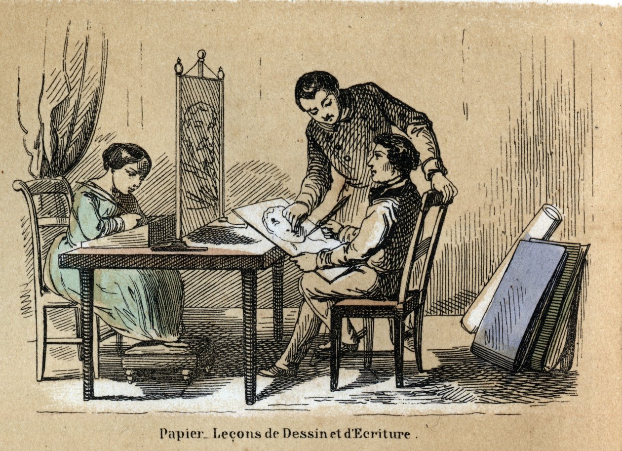 وصف المنتجات والاستخدامات المختلفة للورق: قاعة رسم وكتابة. لوحة "" Le papier et ses produits "في" "تعليمات les Recreations" "لوحة Synoptique بواسطة Jules Delbruck ، نقش من عام 1860. مجموعة خاصة. بواسطة المدرسة الفرنسية