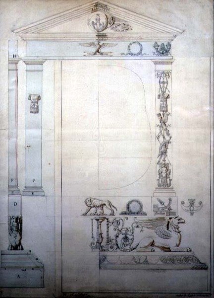 تصميم لمرآة من طراز Cheval ، حوالي عام 1815 (قلم حبر وألوان مائية على ورق) بواسطة المدرسة الفرنسية