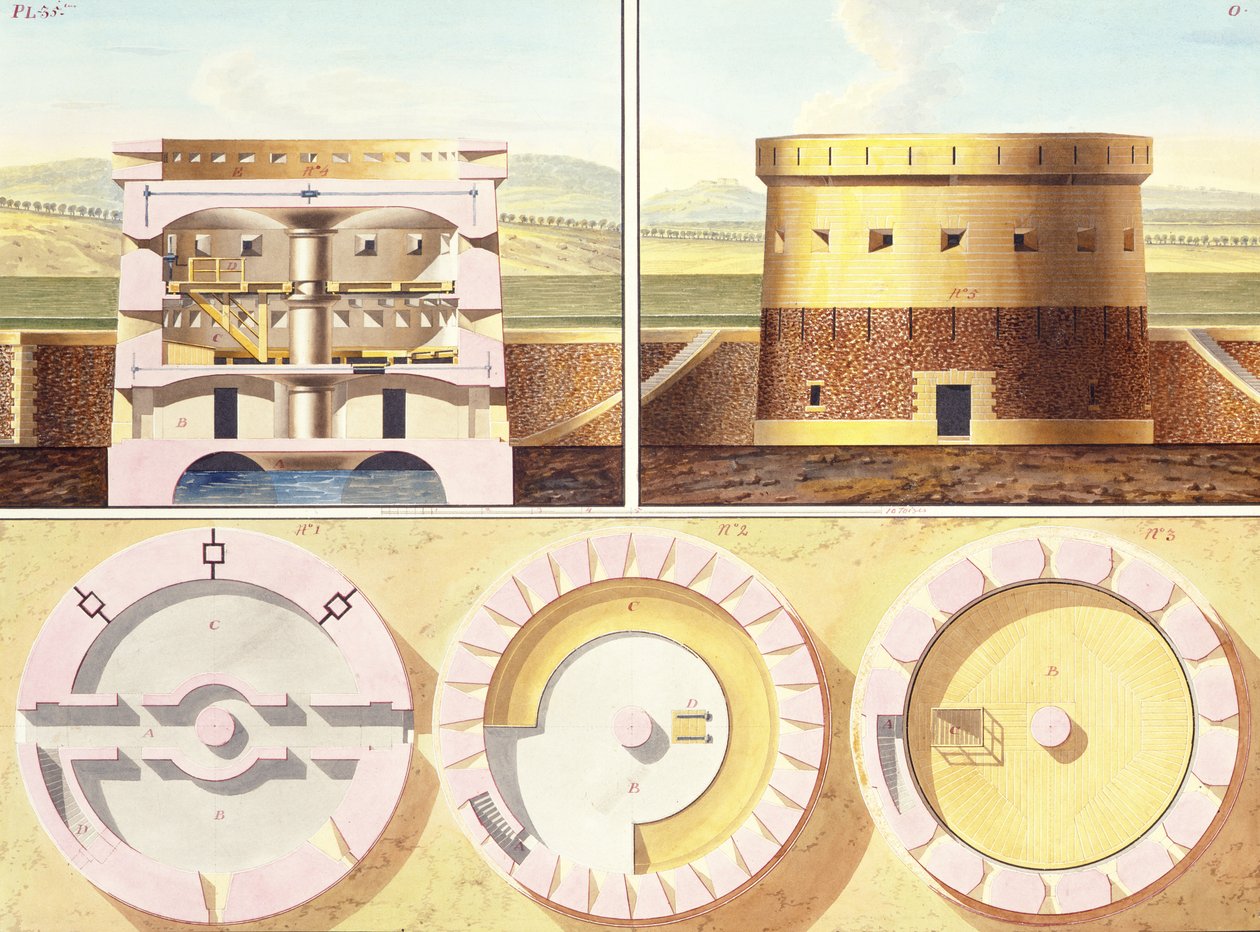 تصميم للتحصين في ضواحي باريس - منظر منظوري ، قسم وثلاثة طوابق من البرج المركزي ، c.1813 (مرحاض ، قلم وأحبار ملونة فوق قلم رصاص على الورق) (انظر أيضًا 273040) بواسطة المدرسة الفرنسية