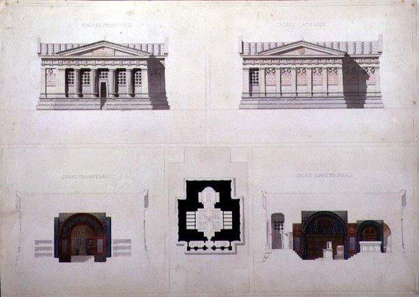 تصميم ضريح على طراز النهضة اليونانية ، 1835 (قلم وحبر مع ألوان مائية على ورق) بواسطة المدرسة الفرنسية