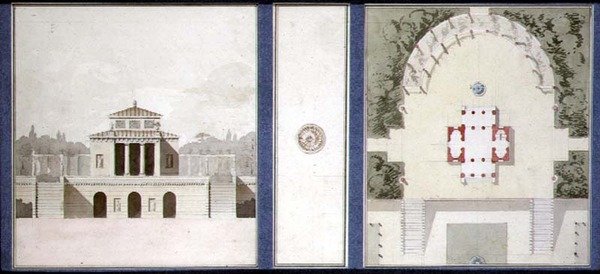 تصميم لنصب تذكاري ، حوالي عام 1825 (قلم حبر وألوان مائية على ورق) بواسطة المدرسة الفرنسية