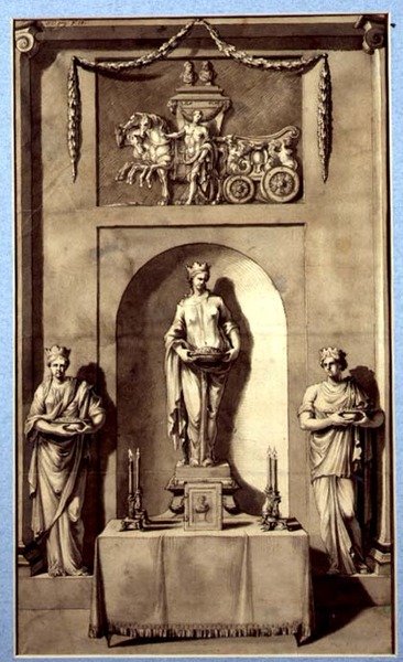 تصميم لكوة نحتية مع أبولو وعربه ، حوالي عام 1760 (ألوان مائية على ورق) بواسطة المدرسة الفرنسية