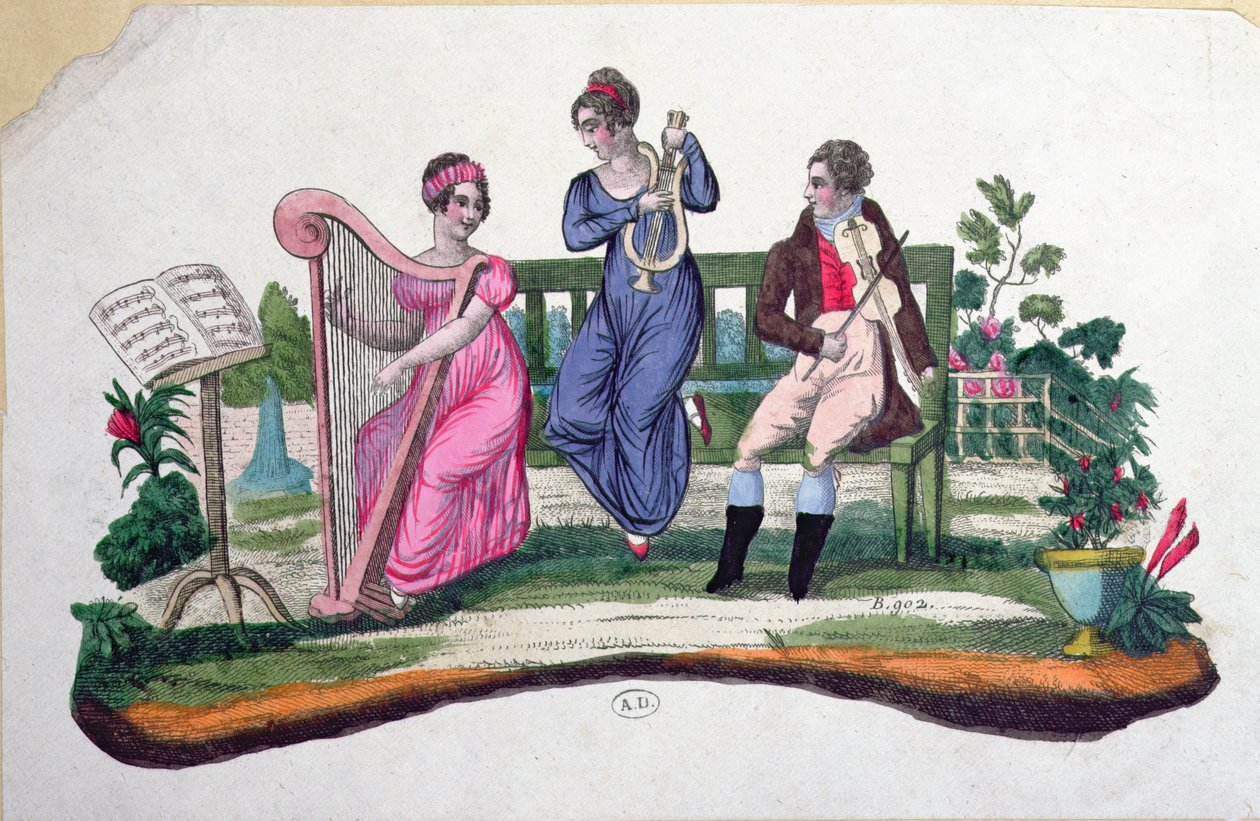 تصميم لمروحة تصور حفلة موسيقية في الهواء الطلق ، c.1830 بواسطة المدرسة الفرنسية