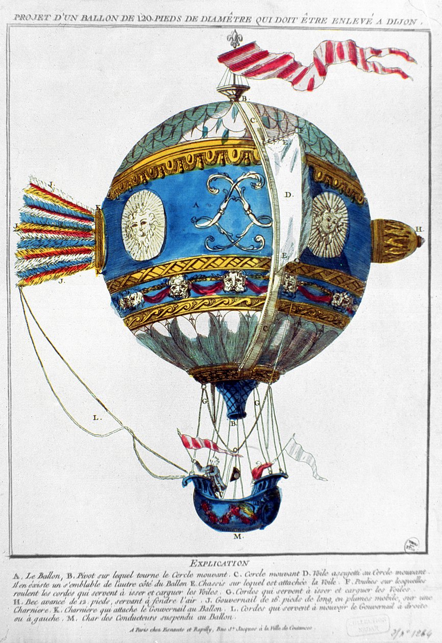 تصميم لمنطاد الهواء الساخن بقطر 120 قدمًا للإقلاع في ديجون ، حوالي 1784 (نقش ملون) بواسطة المدرسة الفرنسية