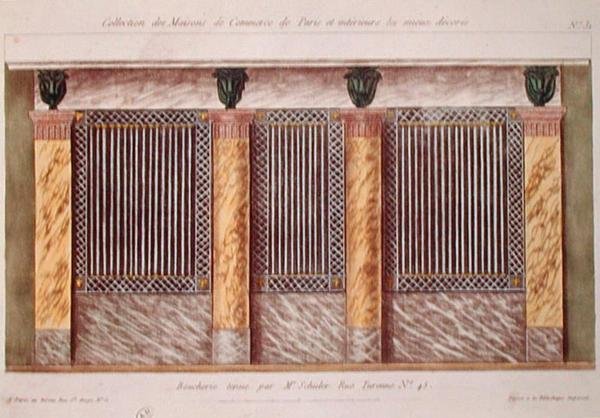 تصميم لواجهة متجر جزار ، من سلسلة تصور أفضل المباني التجارية المزخرفة في باريس ، حوالي 1810 (لون ليثو) بواسطة المدرسة الفرنسية