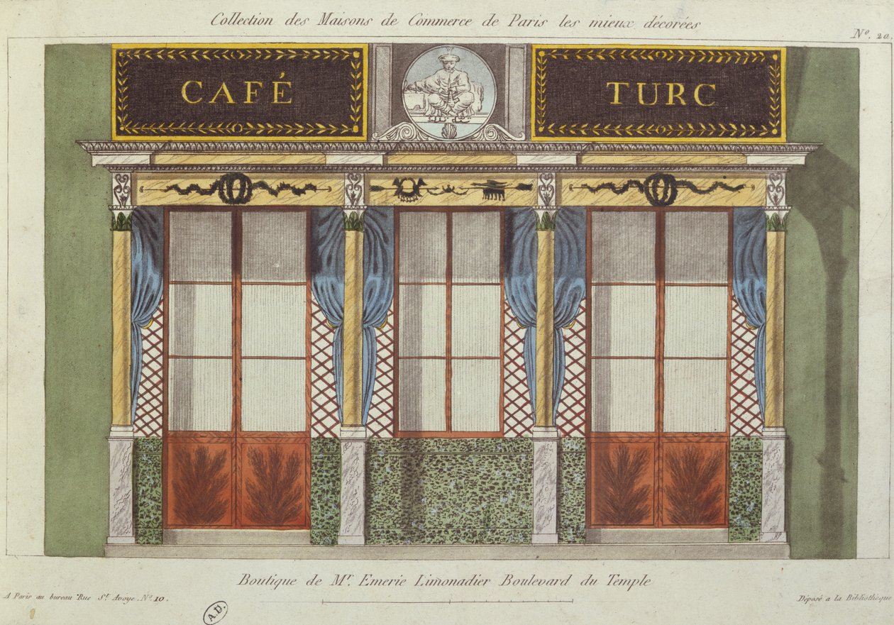 تصميم لواجهة مقهى Turc ، من سلسلة تصور أفضل المباني التجارية المزخرفة في باريس ، c.1810 بواسطة المدرسة الفرنسية