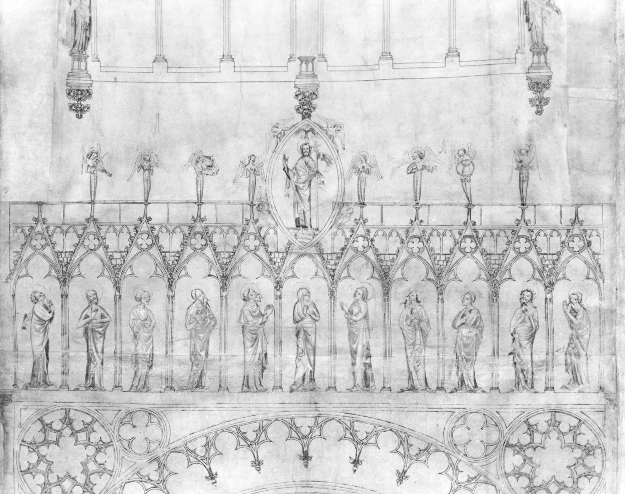 تصميم لمعرض الملوك على واجهة كاتدرائية ستراسبورغ ، ج 1380 (قلم وحبر وغواش على ورق) (التفاصيل) (انظر 207686) بواسطة المدرسة الفرنسية