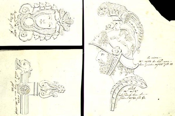تصاميم لتركيبات الأثاث البرونزي Ormolu ، حوالي 1825 (قلم وحبر على ورق) بواسطة المدرسة الفرنسية