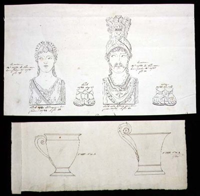 تصاميم لتركيبات أثاث Ormolu البرونزية المذهبة وأكواب خزف الإمبراطورية الفرنسية ، حوالي 1820 (قلم وحبر على ورق) بواسطة المدرسة الفرنسية