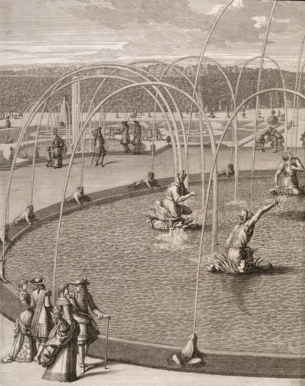 تفاصيل نافورة ديانا وأبولو في فرساي ، من 'Les Plans، Profils et Elevations des Ville et Chateau de Versailles' ، المنشور حوالي عام 1715 (نقش) بواسطة المدرسة الفرنسية