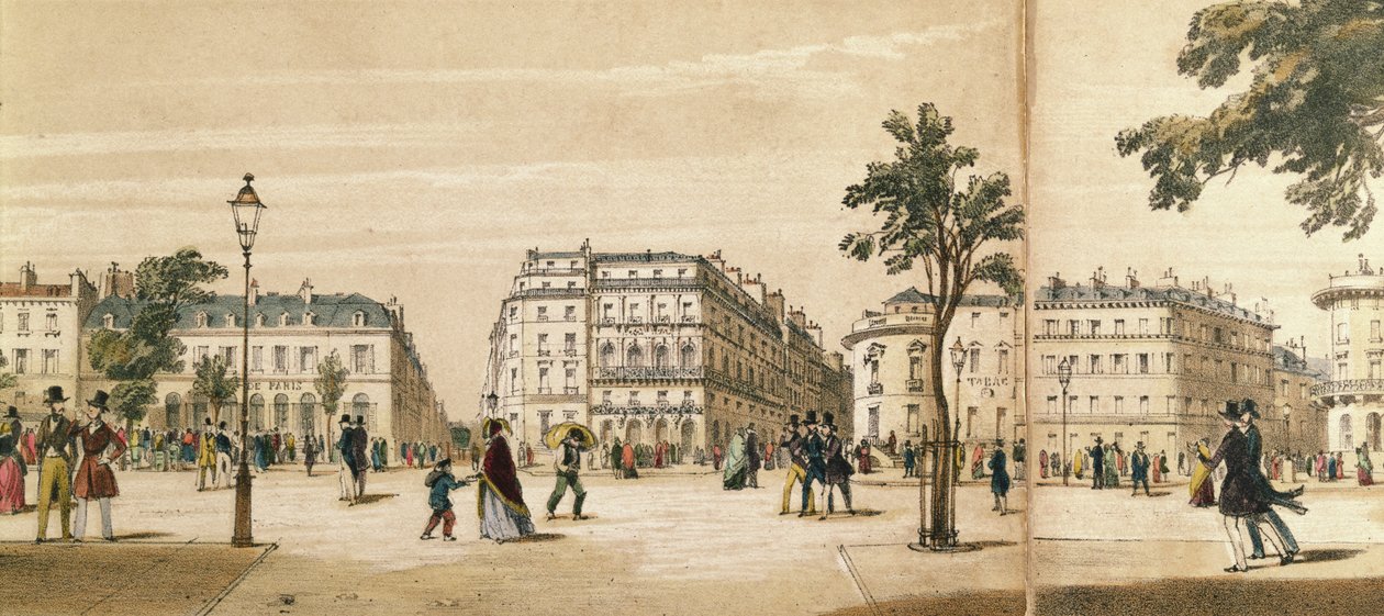 Detail of a panorama of the Boulevard des Italiens, c.1840 (colour litho) بواسطة المدرسة الفرنسية