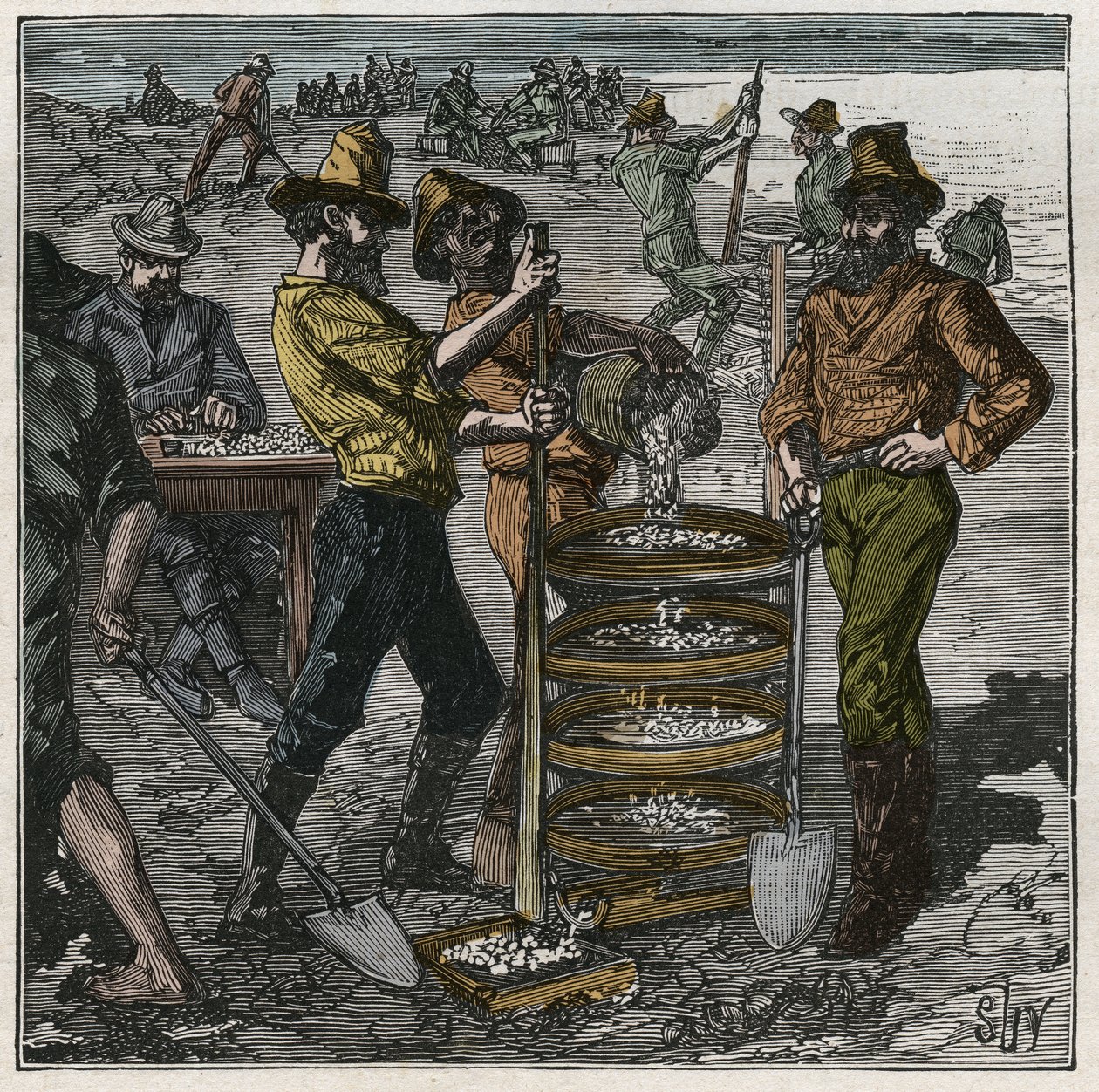 غسيل الماس في جنوب إفريقيا في القرن التاسع عشر. نقش من عام 1885 في "" Les Arts et metiers Illustres "" لأدولف بيتارد. بواسطة المدرسة الفرنسية