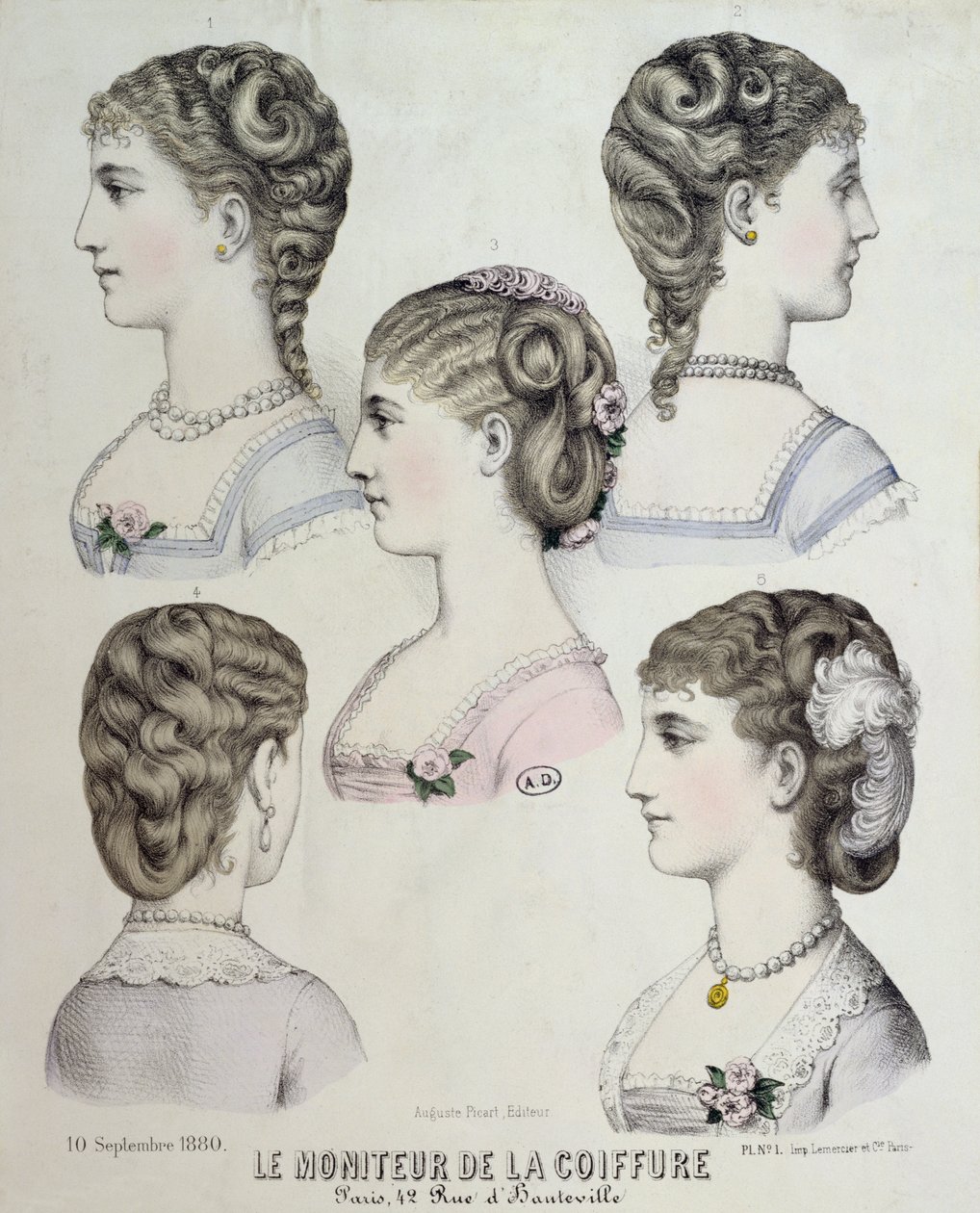 تسريحات مختلفة ، لوحة من Le Moniteur de la Coiffure ، 1880 بواسطة المدرسة الفرنسية