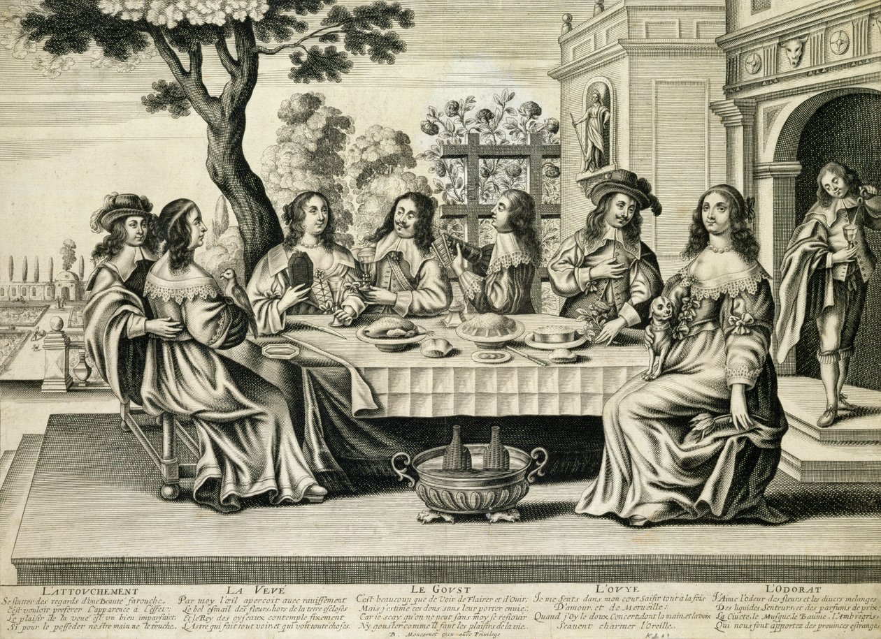 العشاء على شرفة مع حديقة رسمية أدناه ، محفورة من قبل Balthazar Moncornet (c.1600-68) بواسطة المدرسة الفرنسية