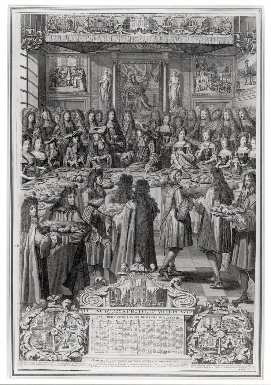عشاء لويس الرابع عشر (1638-1715) في فندق دي فيل ، 30 يناير 1687 ، من تقويم العام 1688 بواسطة المدرسة الفرنسية