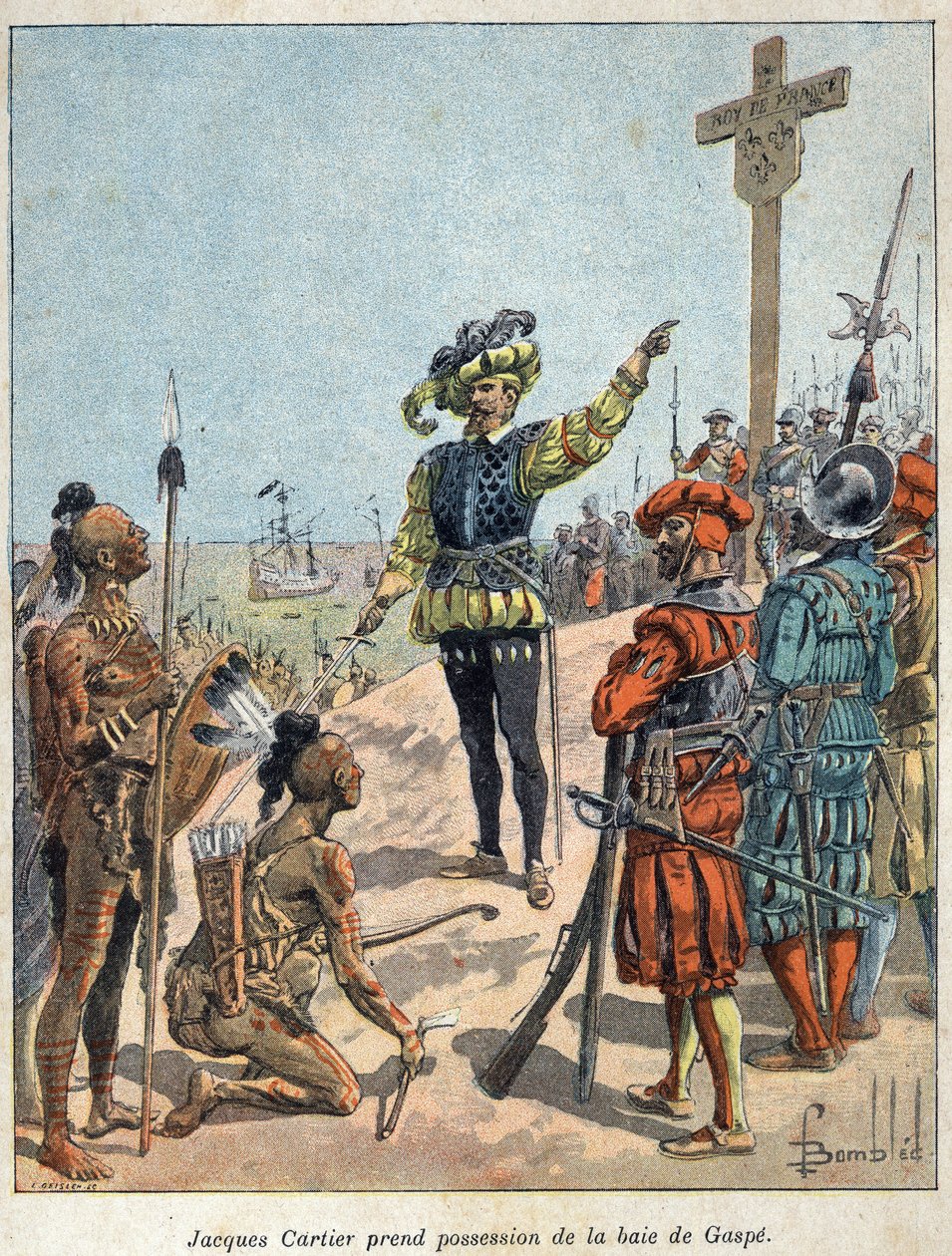 اكتشف كندا: جاك كارتييه (1491-1557) ، الملاح والمستكشف الفرنسي استولى على خليج جاسبي وأرجح الصليب في 24 يوليو. بواسطة المدرسة الفرنسية