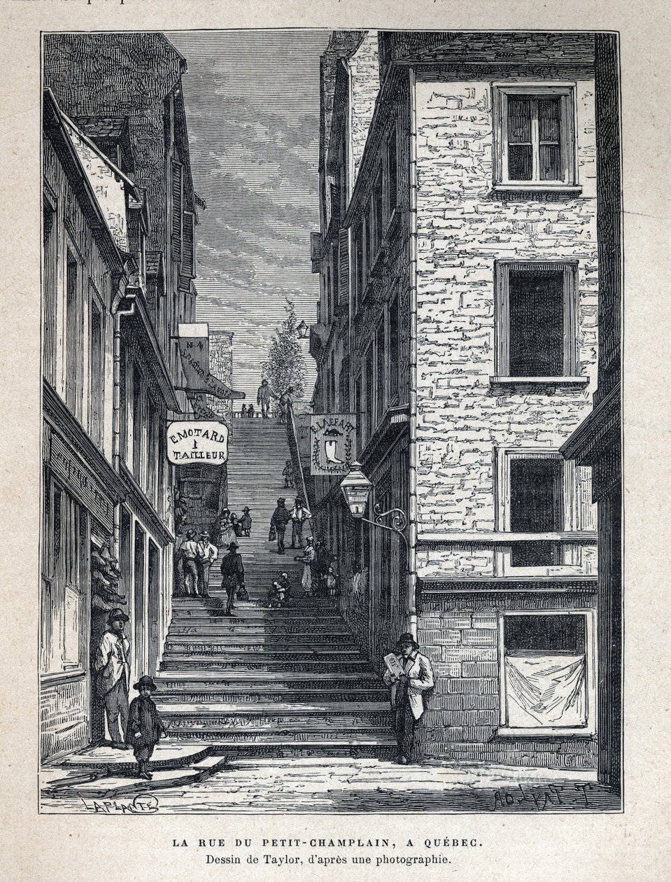 اكتشف كندا: Rue du Peute Champlain (Petity-Champlain) في كيبيك. رسم بواسطة تايلور من صورة. نقش من نهاية القرن التاسع عشر في "La nouvelle France" ليوجين جوينين. بواسطة المدرسة الفرنسية