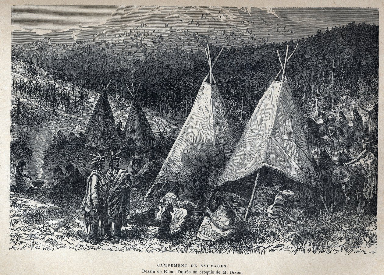 اكتشف كندا: معسكر الهنود الأمريكيين مع teepees. رسم ريو من رسم ديكسون. نقش من نهاية القرن التاسع عشر في "La nouvelle France" ليوجين جوينين. بواسطة المدرسة الفرنسية