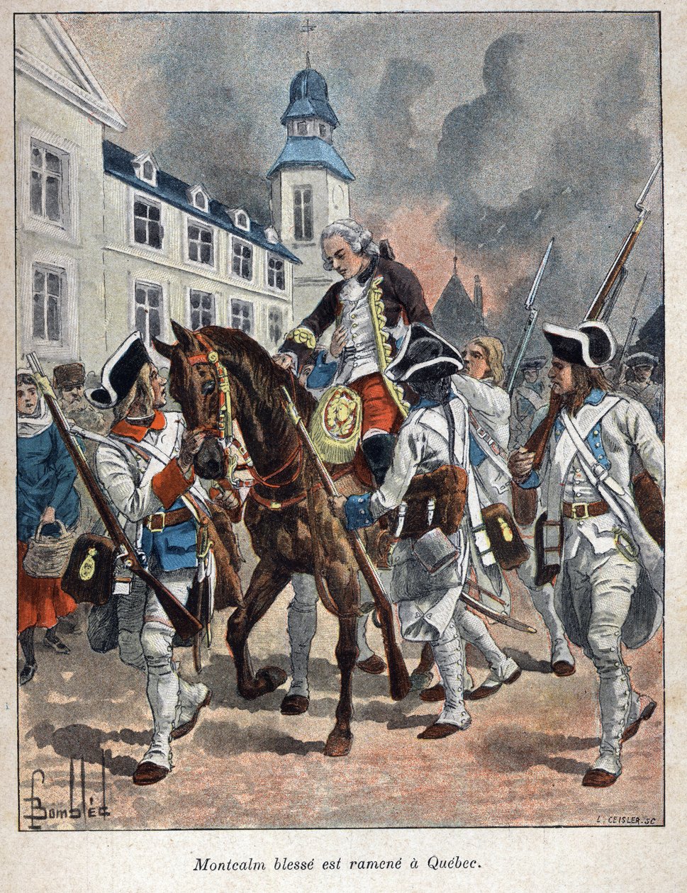 اكتشفت كندا: لويس جوزيف دي مونتكالم (1712-1759) أصيب الجنرال فرانسيس أثناء حصار مدينة Quabec من قبل الإنجليز وأعيد إلى كيبيك في 1759. نقش من نهاية القرن التاسع عشر في "La nouvelle France" بواسطة يوجين قنين. بواسطة المدرسة الفرنسية