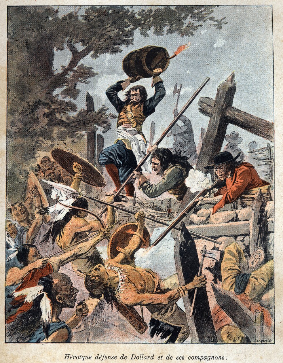 اكتشف كندا: دفاع عن آدم دولارد دي أورمو (1635-1660) ورفاقه ضد هنود إيروكوا أمريكا لحماية معسكرهم عام 1657. نقش من نهاية القرن التاسع عشر في "فرنسا الجديدة" ليوجين جوين. بواسطة المدرسة الفرنسية