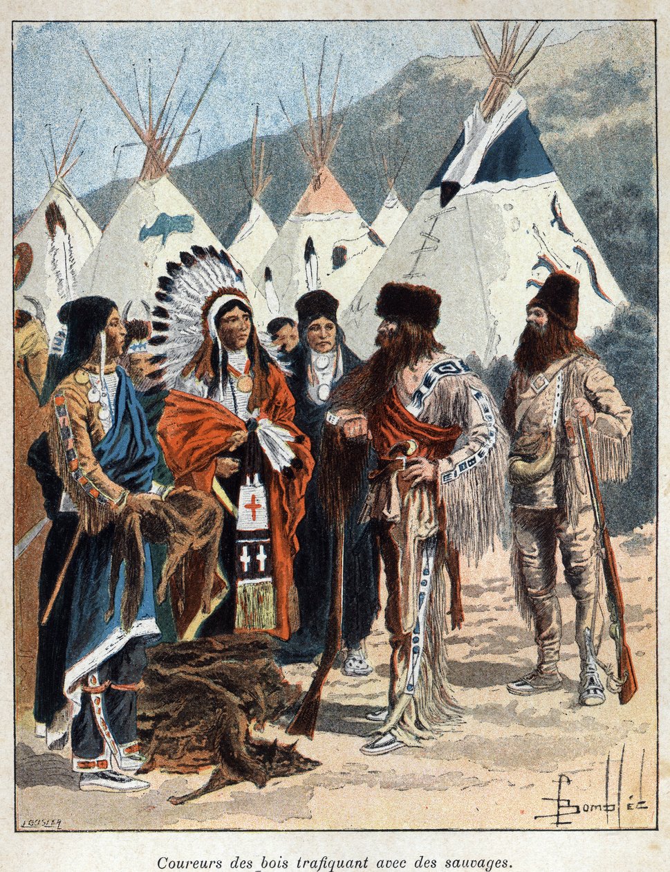 اكتشف كندا: coureurs de bois ، الذين شاركوا في تجارة الفراء مع هنود أمريكا ، متاجرين جلود الحيوانات في القرن السابع عشر. نقش من نهاية القرن التاسع عشر في "La nouvelle France" ليوجين جوينين. بواسطة المدرسة الفرنسية