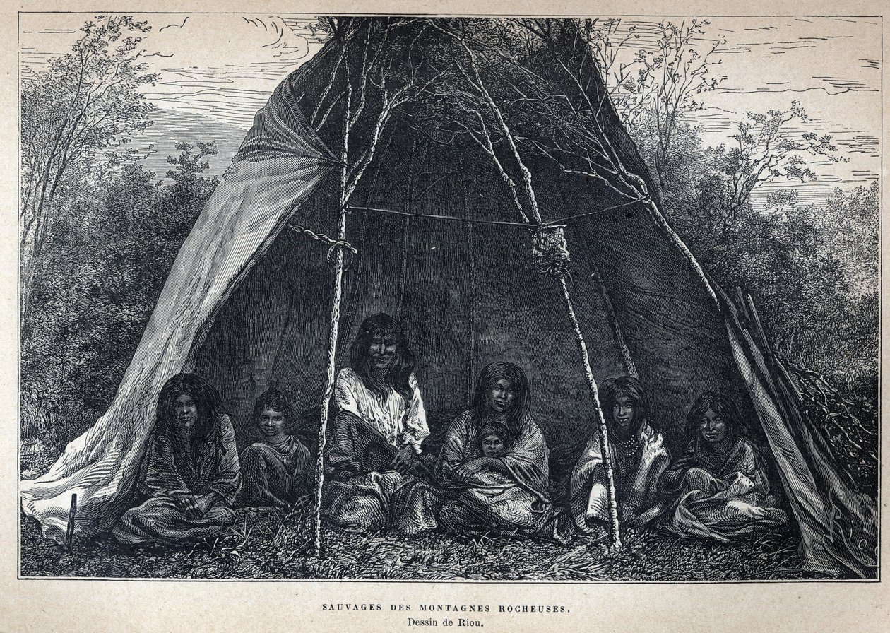 تم الاكتشاف من كندا: الهنود الحمر الذين يعيشون في جبال روكي. نقش من نهاية القرن التاسع عشر في "La nouvelle France" ليوجين جوينين. بواسطة المدرسة الفرنسية