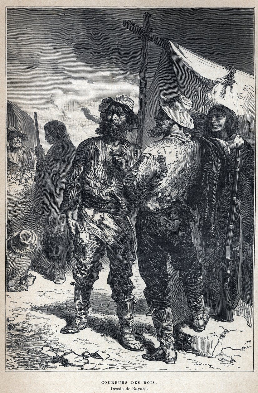 تم الاكتشاف من كندا: coureur des bois (منخرط في تجارة الفراء مع الهنود الحمر). رسم بايارد. نقش من نهاية القرن التاسع عشر في "La nouvelle France" ليوجين جوينين. بواسطة المدرسة الفرنسية