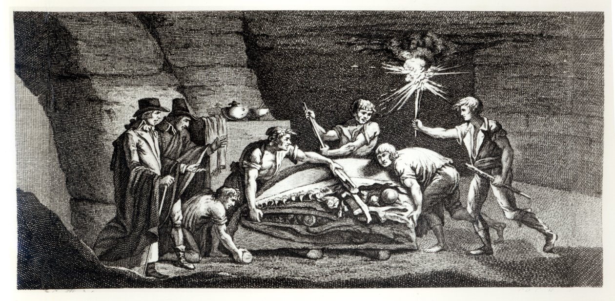 اكتشاف عظام حيوان ما قبل التاريخ ، رسم توضيحي من Histoire naturelle de la Montagne Saint-Pierre de Maastricht بواسطة Barthelemy Faujas de Saint Fond (1743-1819) 1799 بواسطة المدرسة الفرنسية