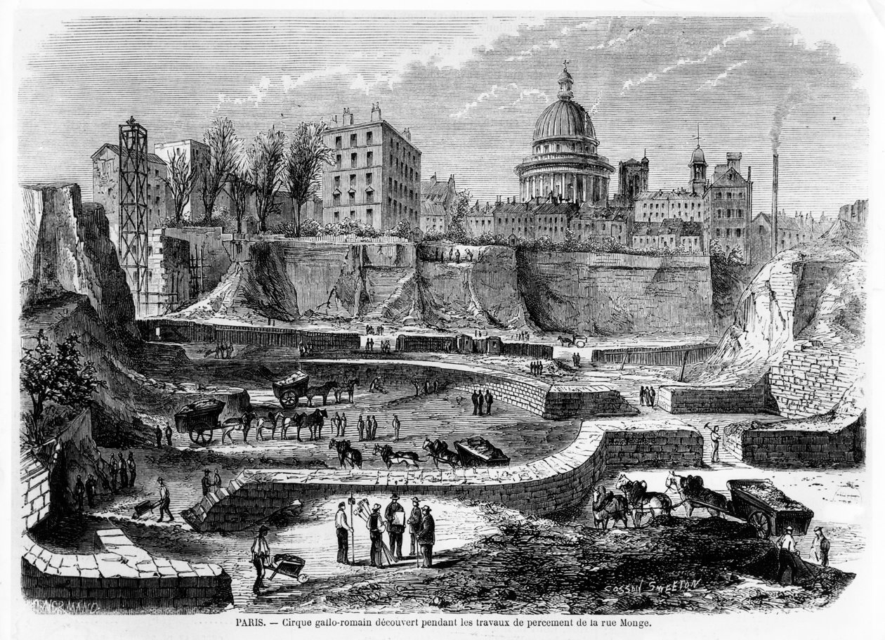 اكتشاف مدرج جالو الروماني في باريس أثناء أعمال البناء في شارع مونج عام 1869 ، 1870 بواسطة المدرسة الفرنسية