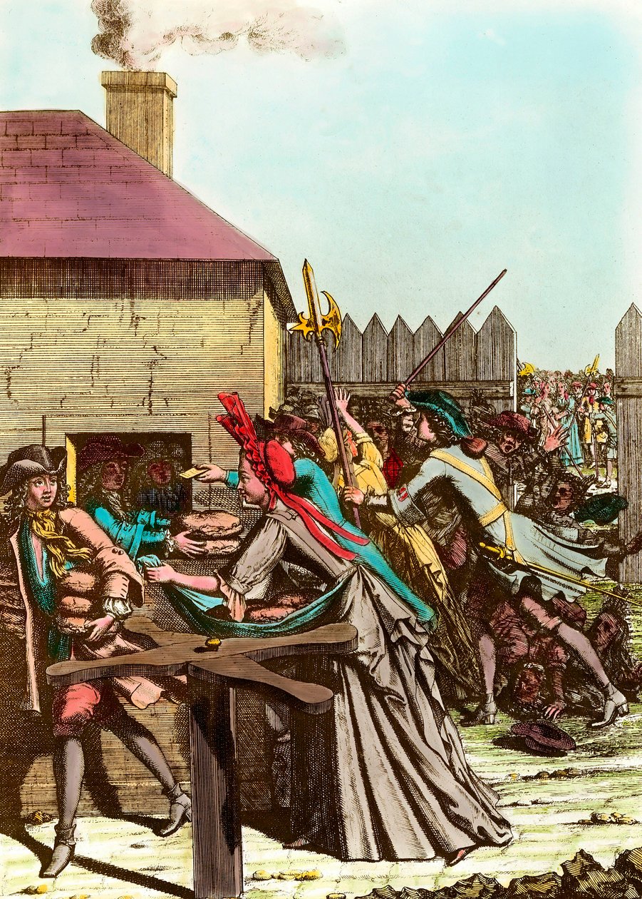 توزيع خبز الملك في متحف اللوفر عام 1709 بعد الشتاء العظيم الذي تسبب في ارتفاع أسعار الحبوب وحدوث مجاعات كبيرة. نقش من نهاية القرن الثامن عشر. مجموعة خاصة بواسطة المدرسة الفرنسية