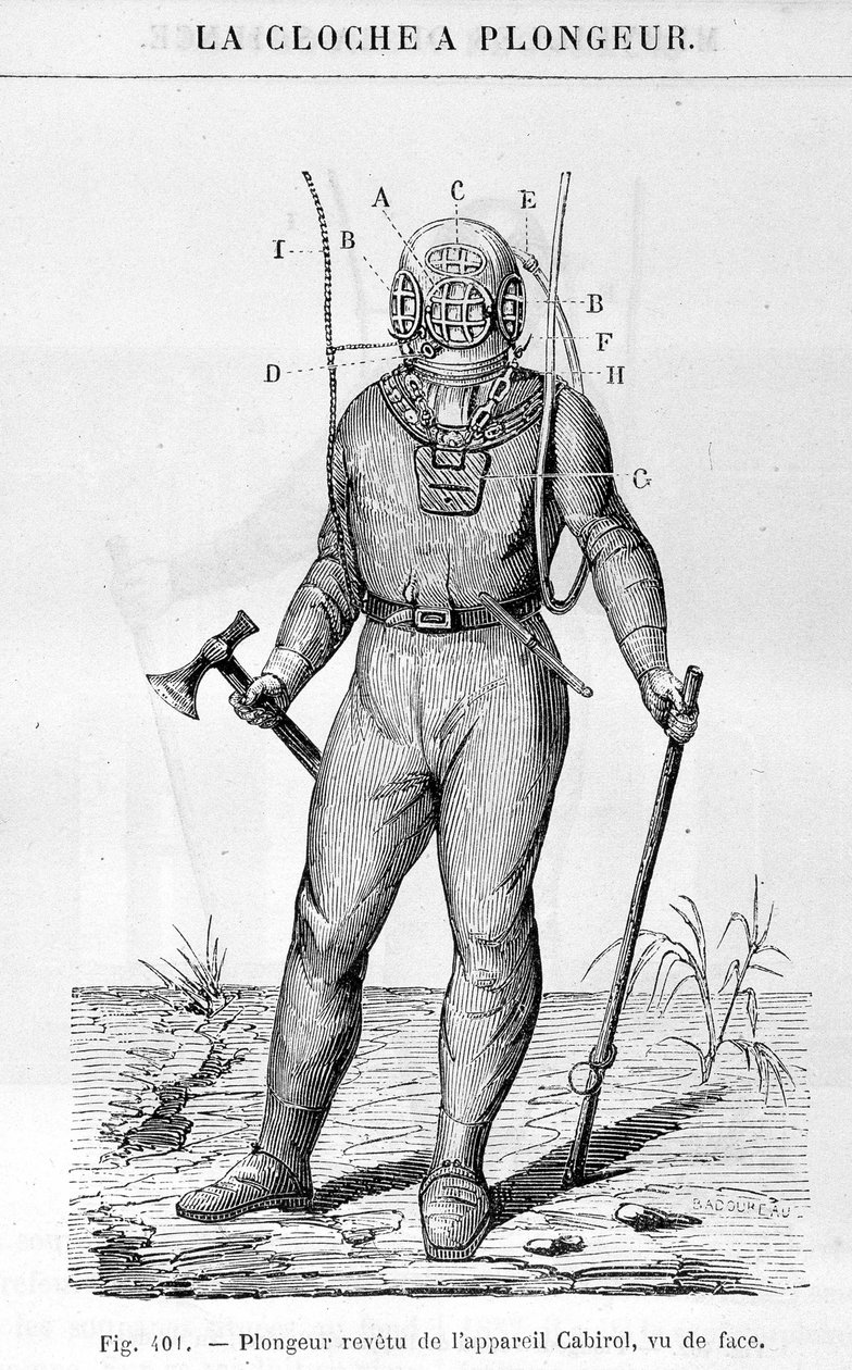 Diver bell: Diver covered with Cabirol device. In “” The wonders of science”” by Louis Figuier بواسطة المدرسة الفرنسية