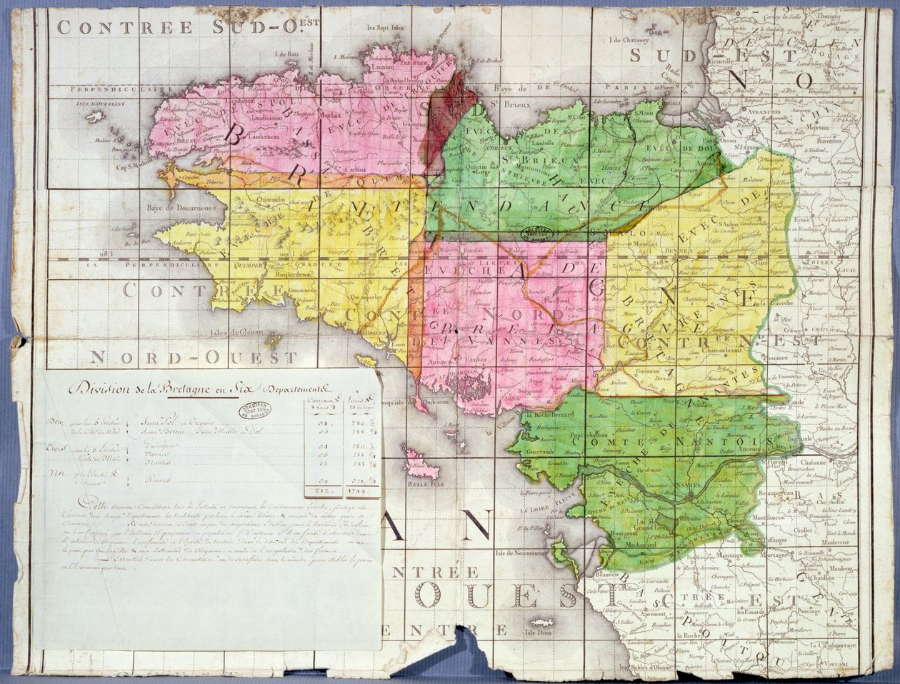 تقسيم بريتاني إلى ستة أقسام ، 1789-90 (لون ليثو) بواسطة المدرسة الفرنسية